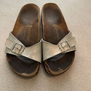 Birkenstock Madrid silver Leather w/Buckle Sandals, 38